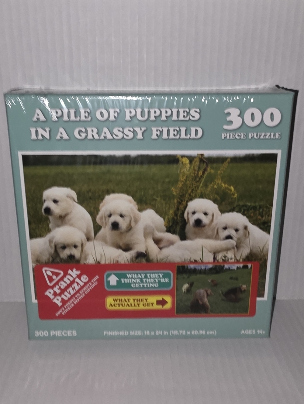 NIB Meme Puzzles "A Pile of Puppies in a Grassy Field" Puzzle - Mint Green Box